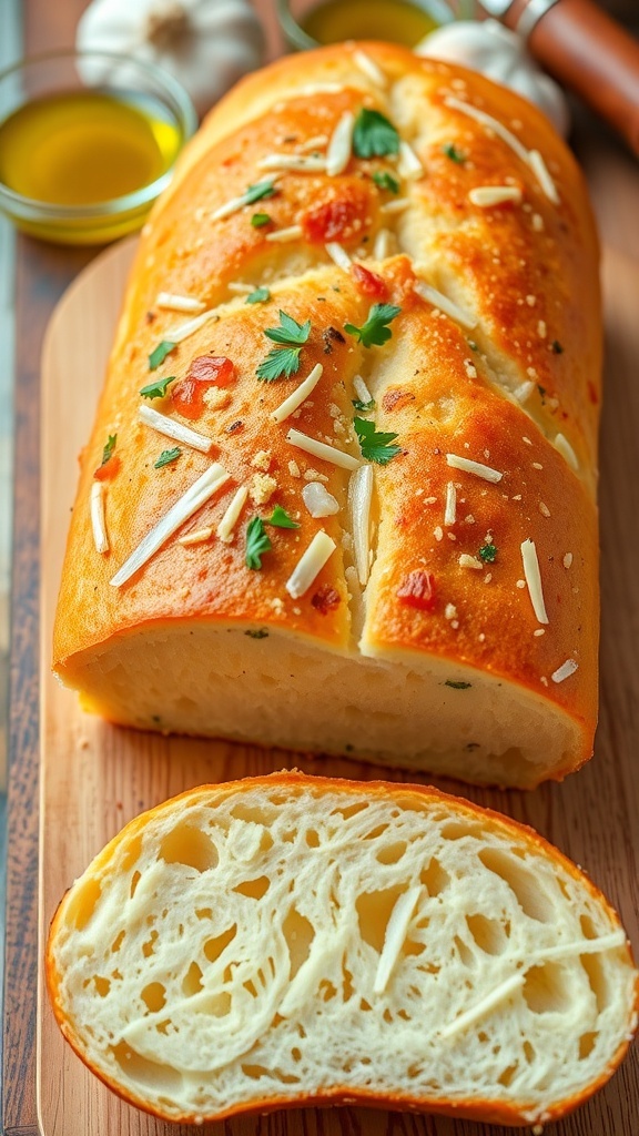 Quick Homemade Garlic Bread Dough Recipe A golden brown loaf of garlic bread with garlic and parsley on a wooden board.